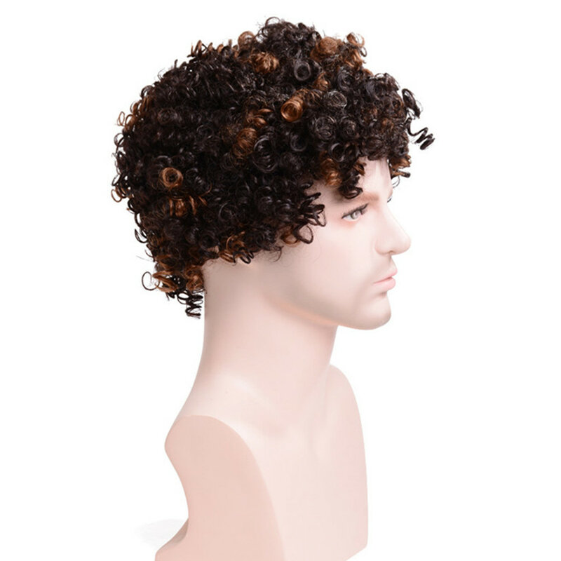 Peruca masculina europeia e americana pequenas perucas encaracoladas cabeça explosiva capa marrom escuro perucas de cabelo sintético