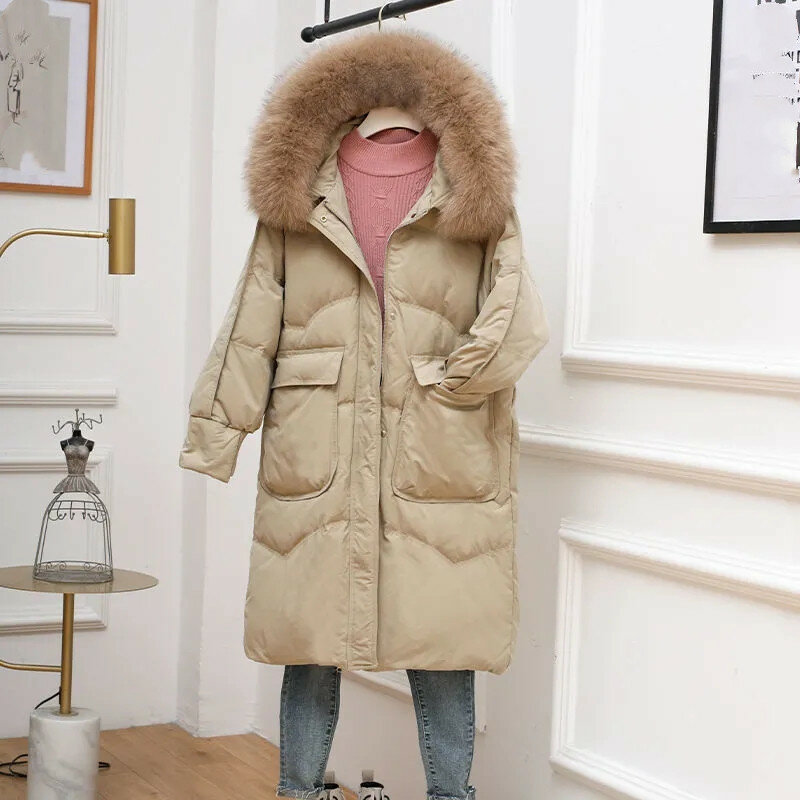 새로운 한국 버전 느슨한 얇은 90 흰색 오리 다운 재킷 여성 중간 길이 lmitate 여우 모피 칼라 두꺼운 코트 M581, 2021