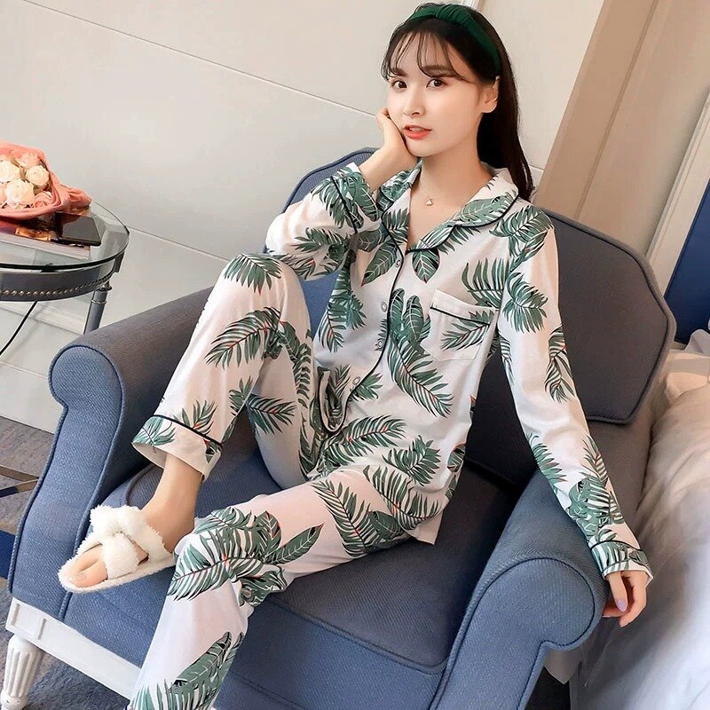 Conjunto de pijamas para mulher pijamas dos desenhos animados turn-down pescoço manga longa camisola senhora solto casual serviço de casa pijamas terno