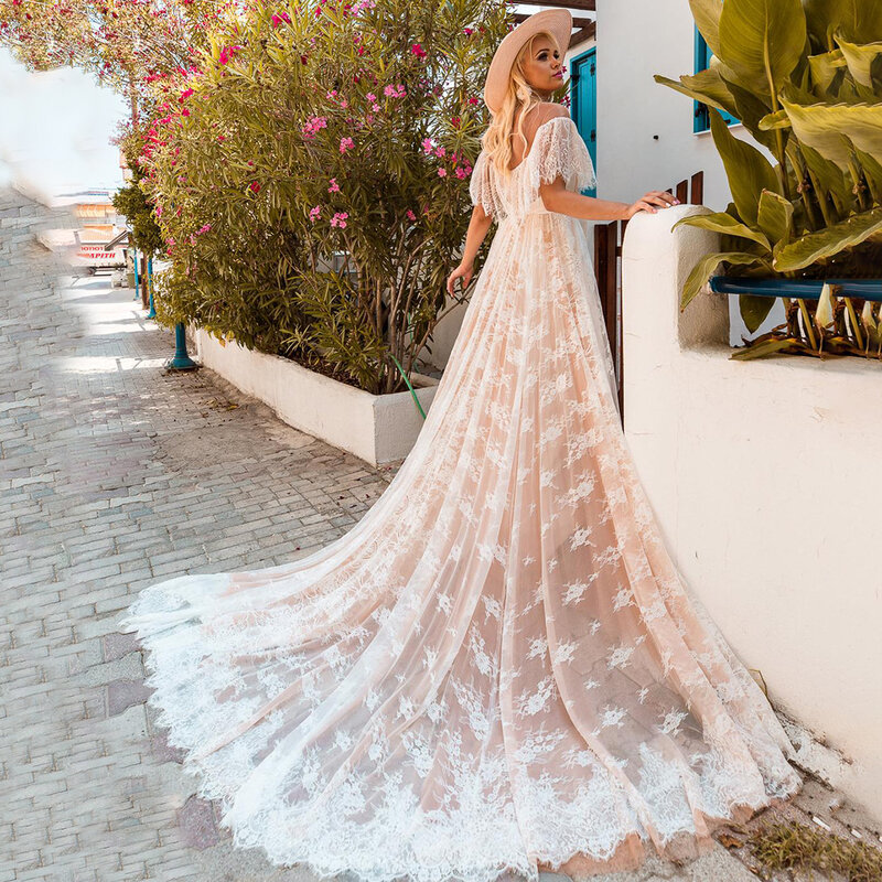 Кружевное свадебное платье с открытыми плечами, цветочным принтом, Прямая поставка, длинное пляжное романтическое платье невесты с V-образн...