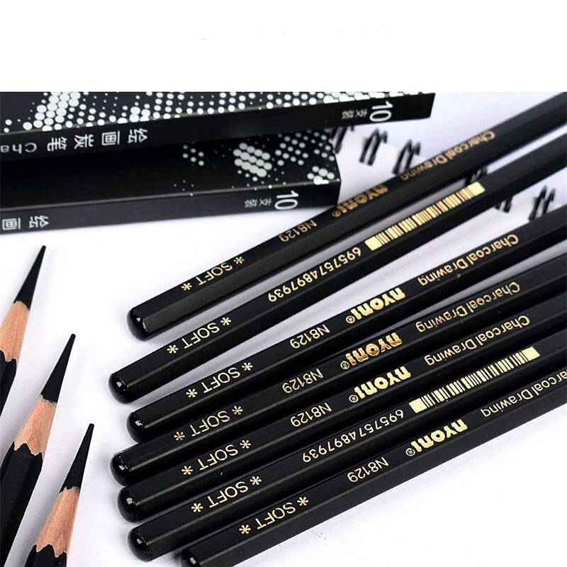 NYONI 10PCS Fine Black Charcoal Sketch Pencils Hard/Medium/Soft Carbon Pencil For Sketching Drawing Tool Art Supplies Gift