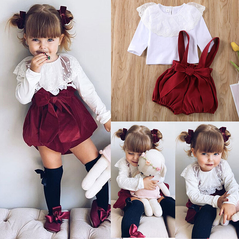 2020 New Girls Autumn Thin Outfits 2PCS Lace Ruffles Collars Long Sleeve Tops + Solid Suspender Short Pants Girls Casual Sets