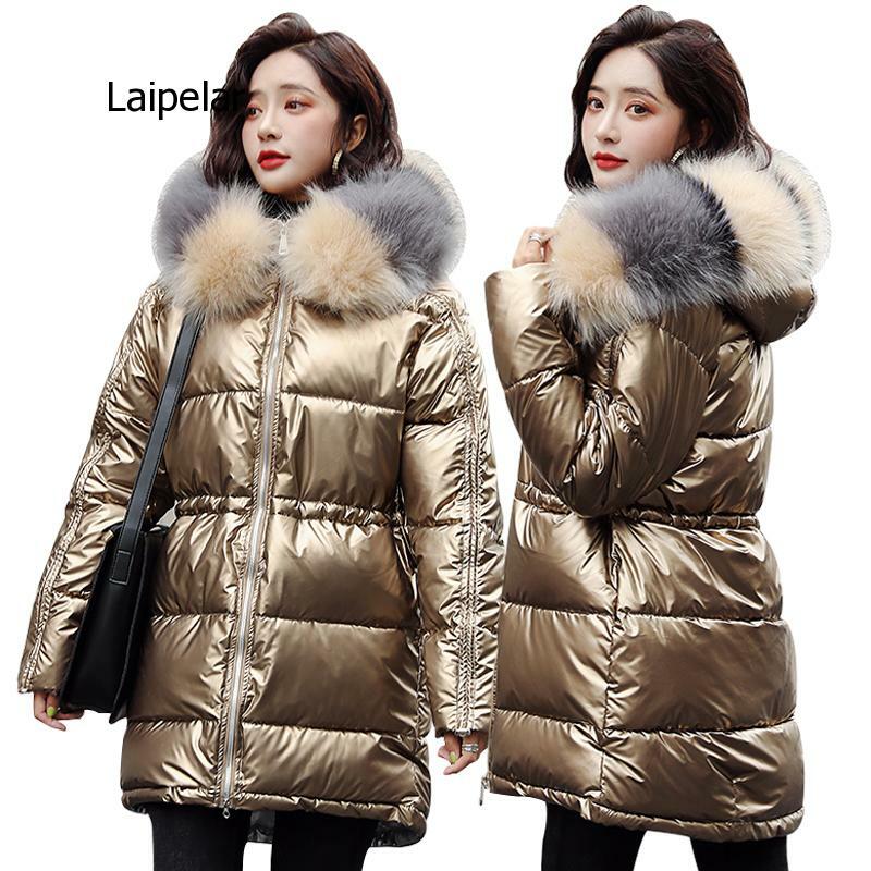 Casaco de inverno feminino, jaqueta quente e grossa de 2020 com gola de pele com capuz, à prova d'água 20 graus