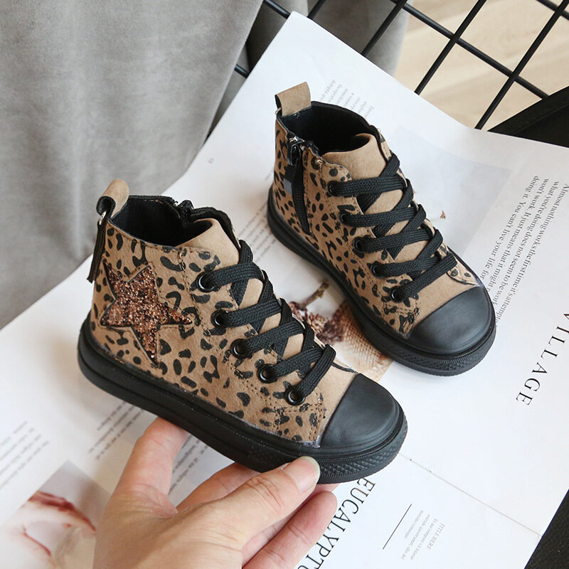 Kids Shoes Casual Fashion Leopard Sequin Star Baby Boys Sneakers High Top Children Canvas Shoes Girls Sneakers Spring Autumn New