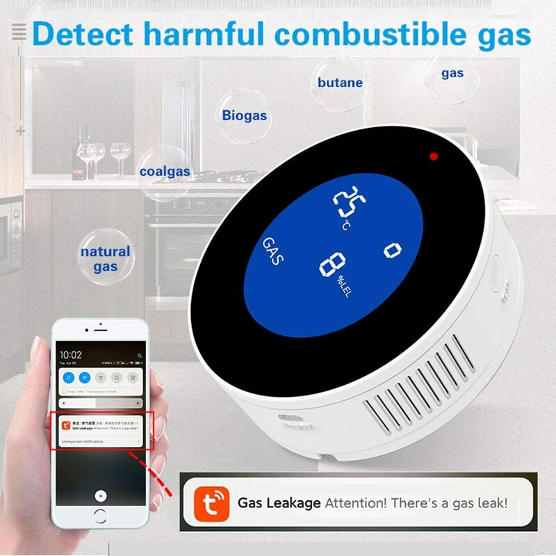 Detector de gás natural, monitor com tela lcd, wi-fi, alarme, para casa, cozinha, trailer, trailer