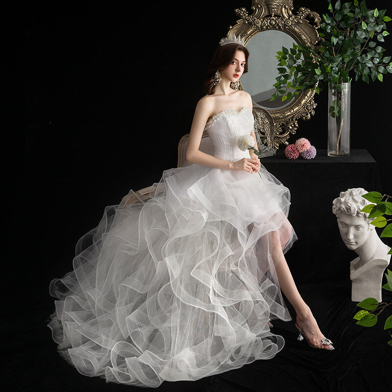 Gaun pengantin tanpa tali, Vestido De Noiva 2023 baru depan pendek belakang panjang gaun pengantin manis dengan kereta gaun pernikahan buatan khusus