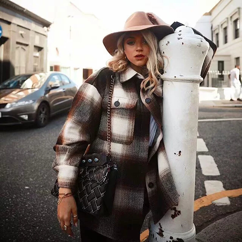 Casaco de lã longo vintage feminino, casaco grosso xadrez de manga comprida moda urbana feminina elegante jaqueta de tamanho grande chique 2021