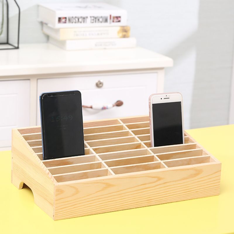 24 Grid Wooden Storage Box Organizer Mobile Phone Holder Stand Storage Box Phone Holder Display