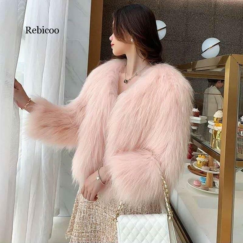 Novo falso casaco de pele feminina curto parágrafo mangas compridas fino coreano falso coelho casaco de pele solto inverno casaco feminino