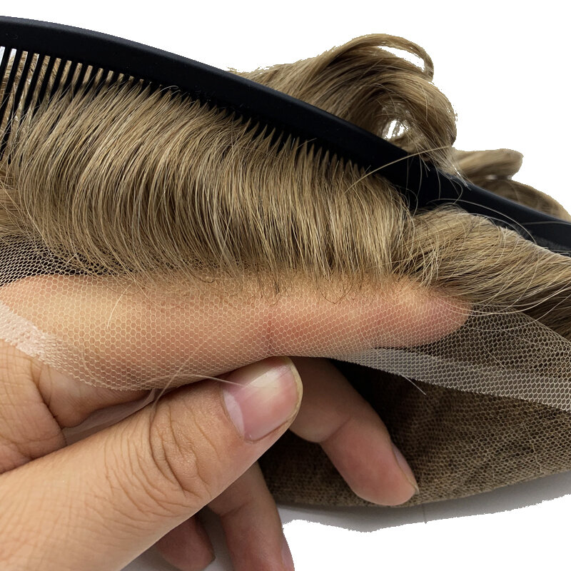 Peluquín de encaje francés para hombre, tupé Natural, sistemas de reemplazo de cabello humano indio