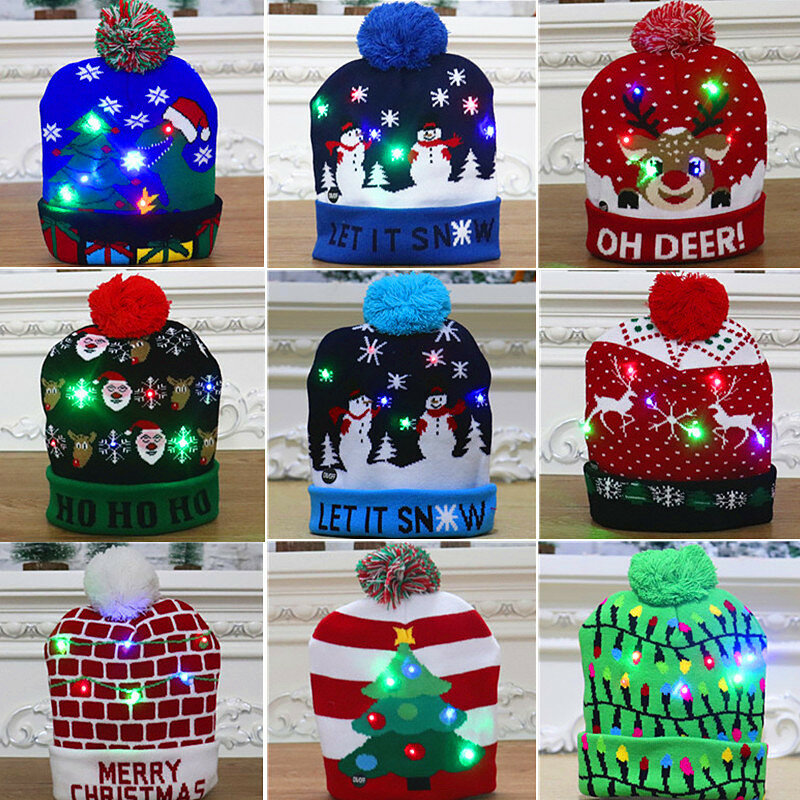 Neue Jahr Weihnachten Hüte Liefert Pullover Santa Elch Gestrickte Beanie Hut Mit LED Licht Up Cartoon Patteren Weihnachten Geschenk Für kinder