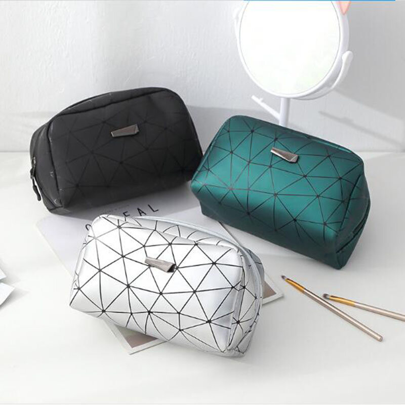 Dropshipping Waterproof PU Leather Make Up Bag Necessaries Organizer Geometry Rhombus Toiletry Kit Pouch Ladies Cosmetic Bag