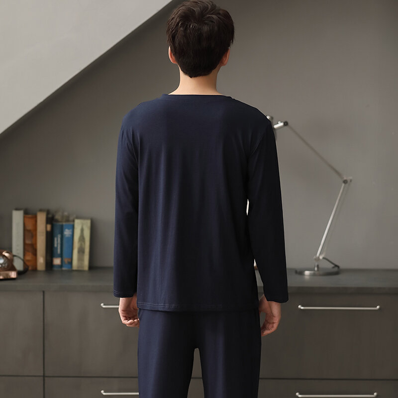 Mais novo modal men pijamas definir manga longa em torno do pescoço sleepwear solto 4xl masculino roupas de casa