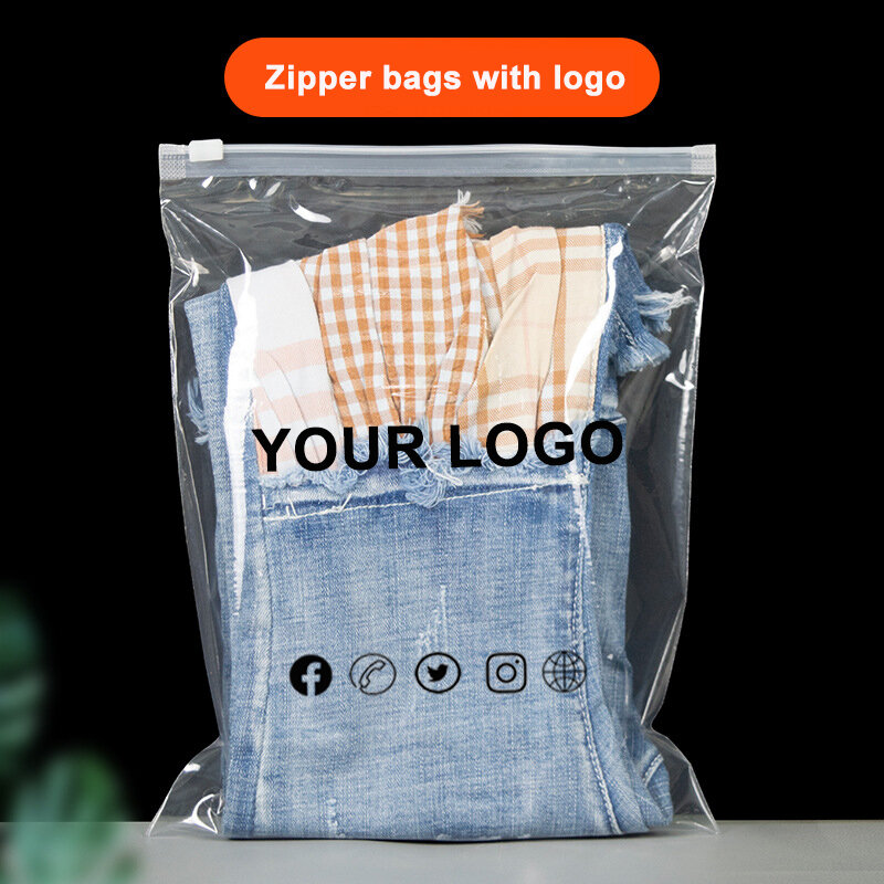 ジッパー付きの透明なプラスチック製収納袋,旅行や衣類用の印刷されたロゴ付きのジッパー式クロージャー付きの透明な容器,50個。