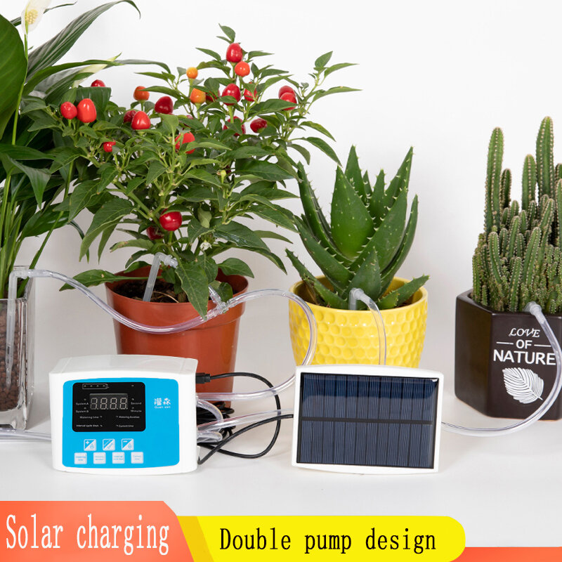 Garden Drip Irrigation Device Double Pump Controller Timer System Solar Energy Intelligent Automatic Watering Device for Plants