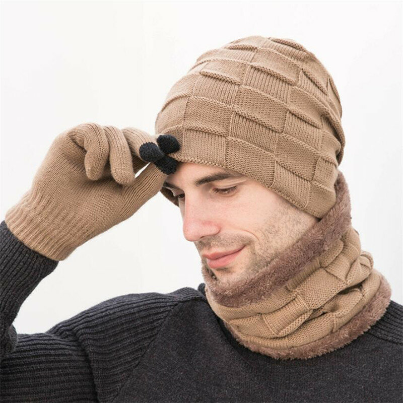 Conjunto de 3 guantes para hombre, gorro de felpa cálido para exteriores, bufanda y guantes con pantalla táctil, accesorios para invierno, 2019