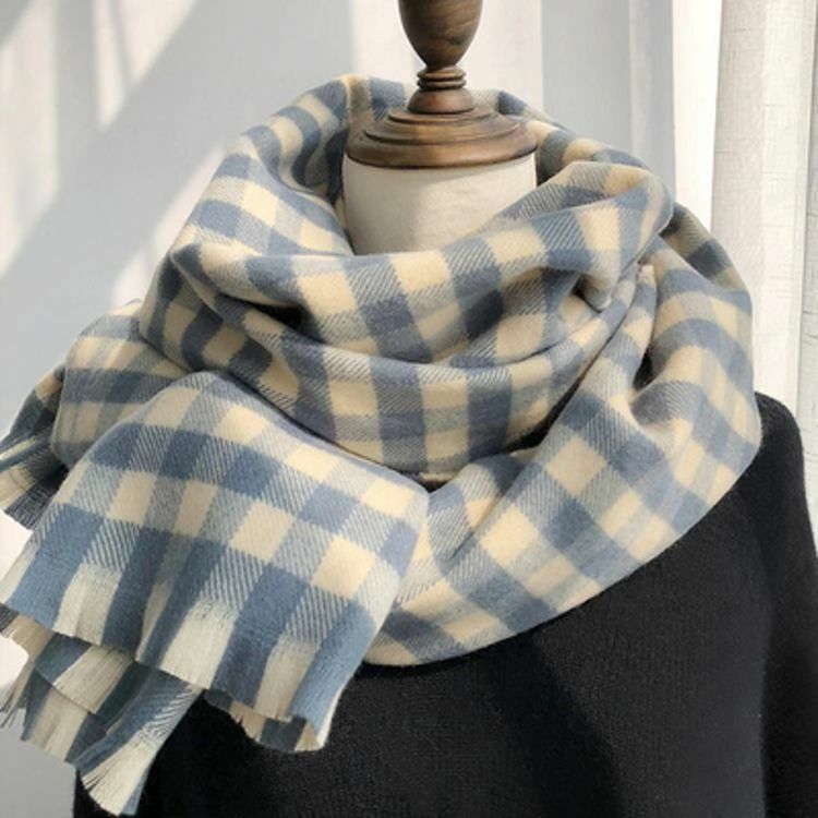 Женский вязаный шерстяной длинный шарф в клетку, плотный теплый мягкий шарф для зимы
