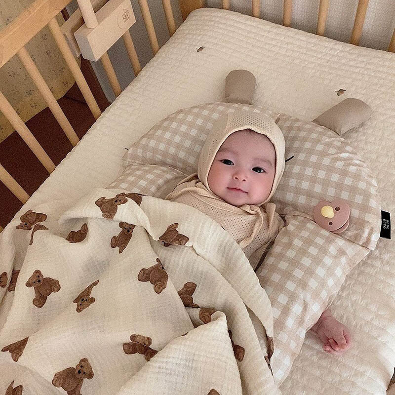 곰 프린트 아기 담요 신생아 모슬린 코튼 거즈 포대기, 랩 침구, 유아 여아 남아 수면 담요, 아기 액세서리