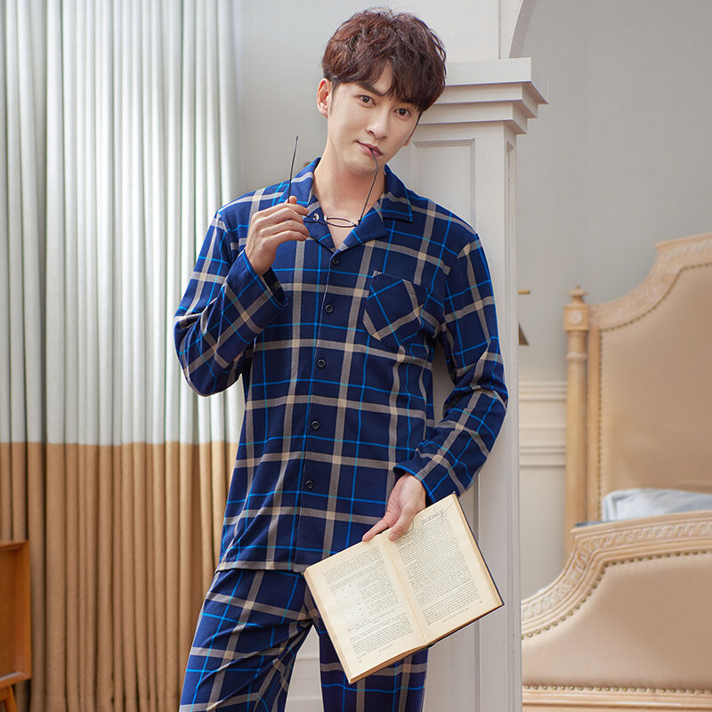 Conjunto de Pijama a cuadros para hombre, ropa de dormir de 2 piezas, chándal clásico de algodón, para primavera y otoño, M-3XL yardas grandes