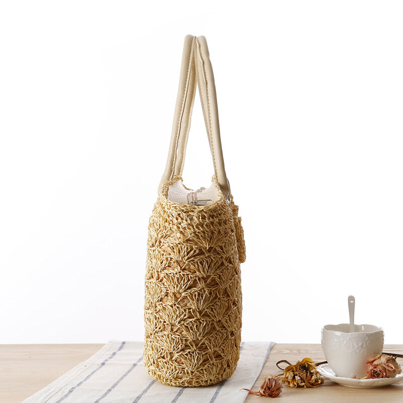 Плетеная вручную Соломенная пляжная сумка через плечо с золотистой нитью и крючком для морского побережья, модные летние женские сумки крючком