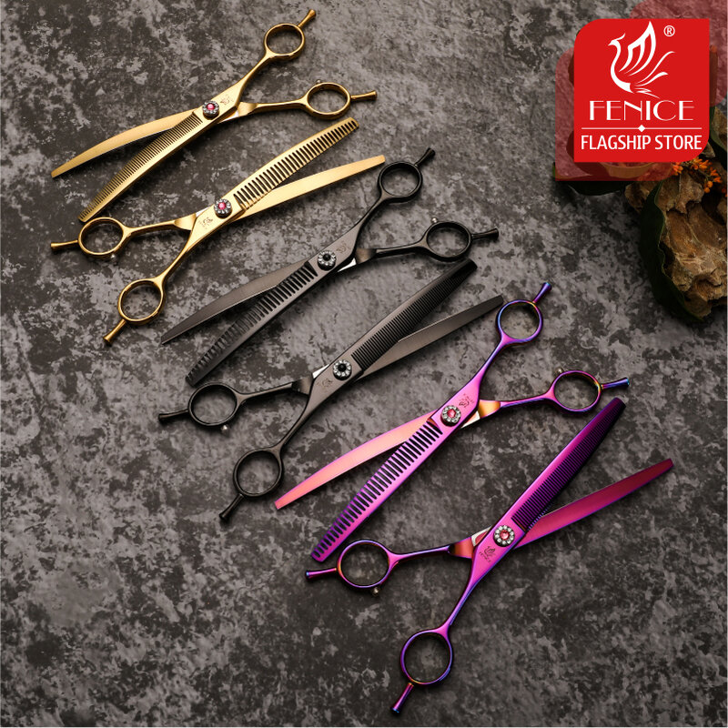 Fenice 7.25 inch professional dog grooming scissors curved chunkers scissors thinning shears for pet hair tijeras tesoura