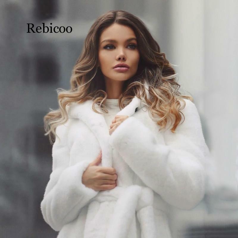 新レディースホワイト本物のリアルレックスウサギの毛皮ロング冬のフード付きコート女性のファッションの高級毛皮のジャケット