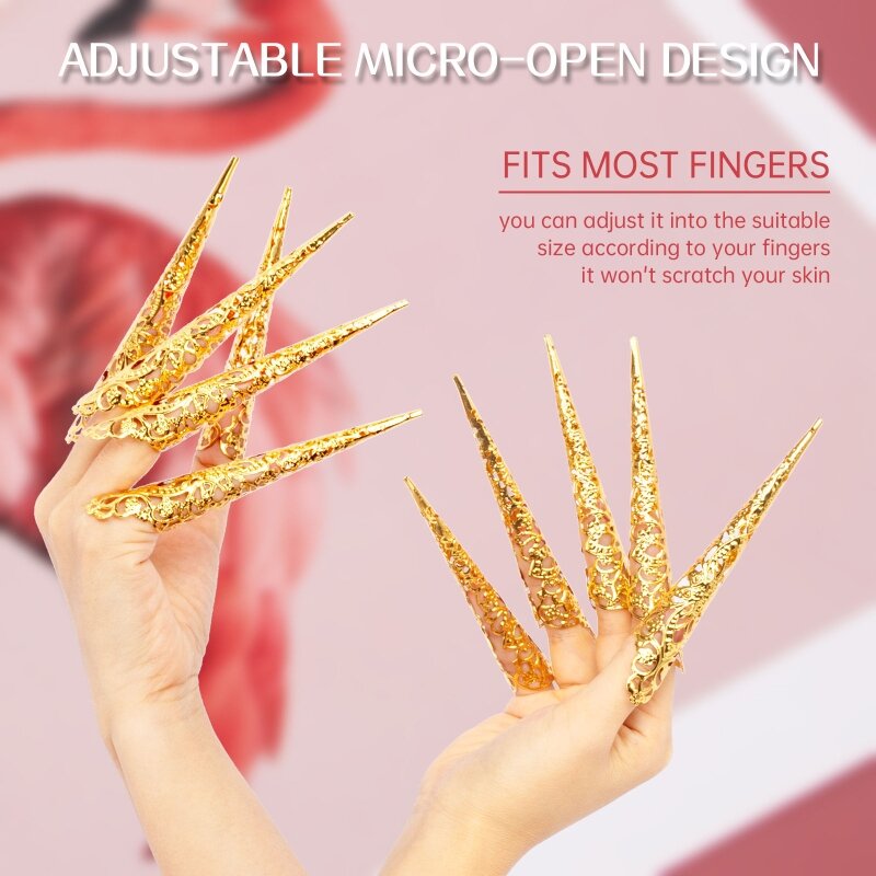 Fingertip Claw Rings ozdabianie paznokci chiński palec pazury taniec brzucha paznokcie w dłoniach pierścionki na cały palec fałszywe długie paznokcie