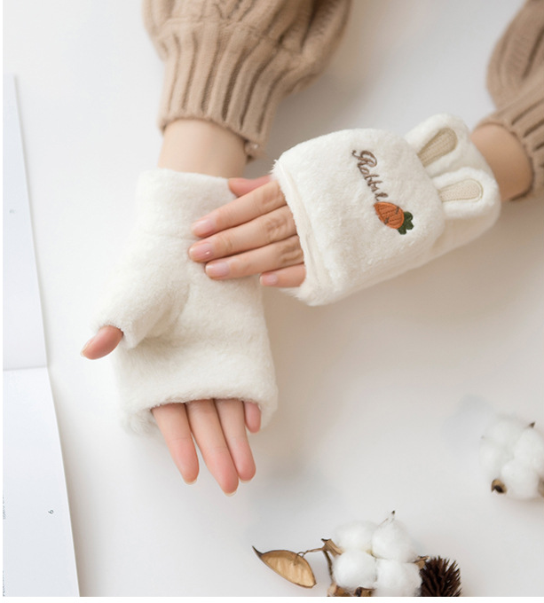 Warm open finger fold sweet Korean cartoon outdoor students miss half finger gloves