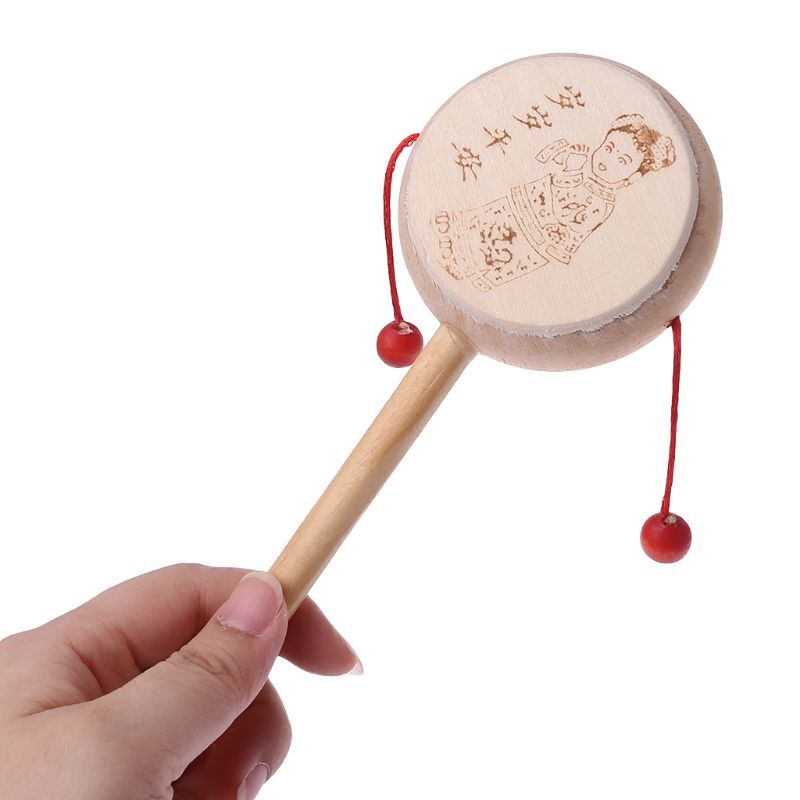 Wood Cartoon Chinese Traditional Spinning Rattle Drum Hand Bell Baby Musical Toy