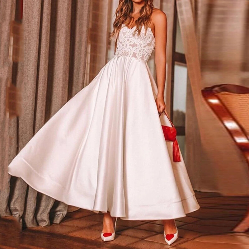 Kurze Elegante Ankle Länge Hochzeit Kleid Satin Stunning Einzigartige Sexy Schatz Ärmellose Spitze A Linie Brautkleider Lace Up