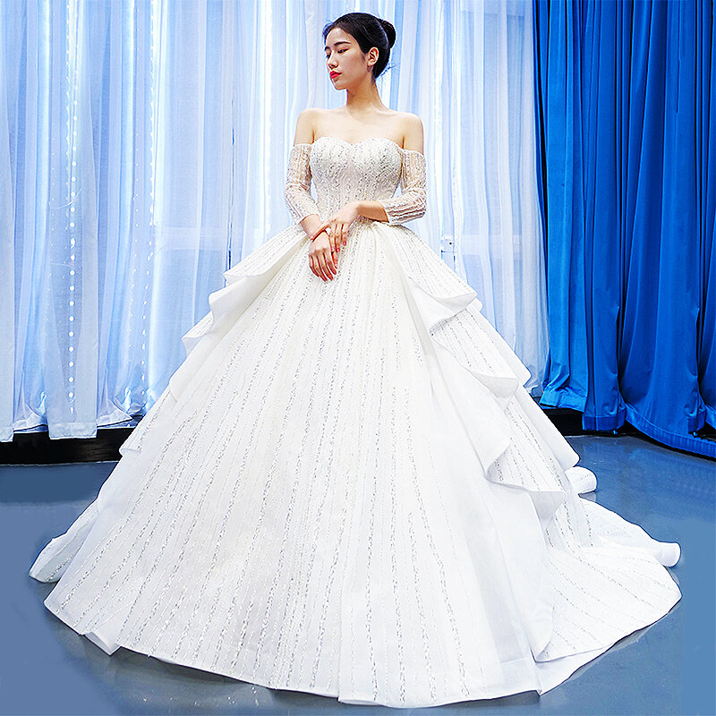 Royal Luxury-vestido de novia de manga larga para mujer, ropa de maternidad, sin tirantes, de princesa, Tallas grandes
