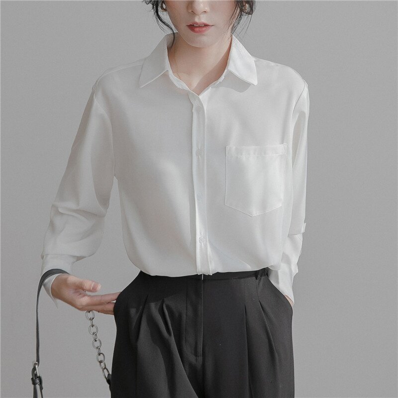 Женские топы и блузки, весна 2021, рубашка с длинным рукавом, топ, Женская Офисная Однотонная рубашка с карманами, блузы