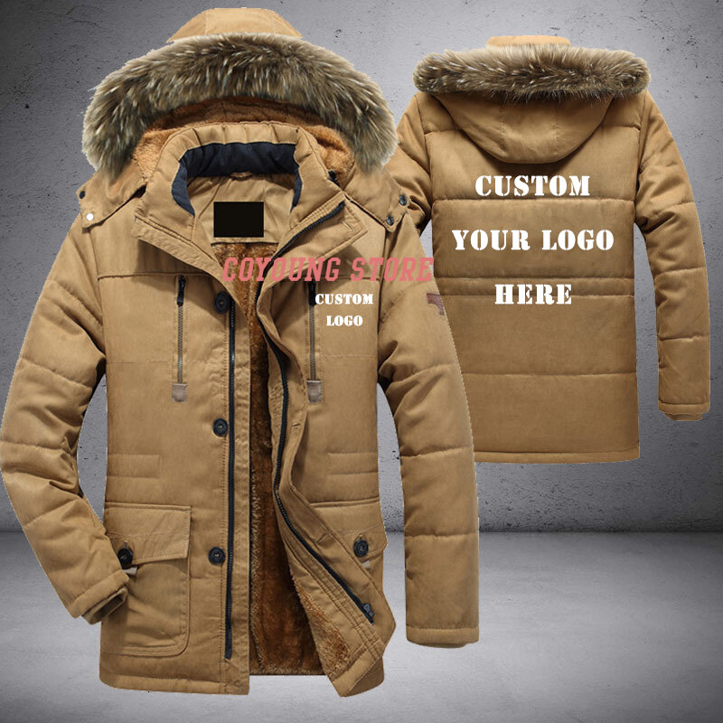 Custom Logo Large Size Men Parkas Coat Plus Velvet Thicken Zipper Winter Clothing Warm Detachable Fur Collar Mens Winter Jacket
