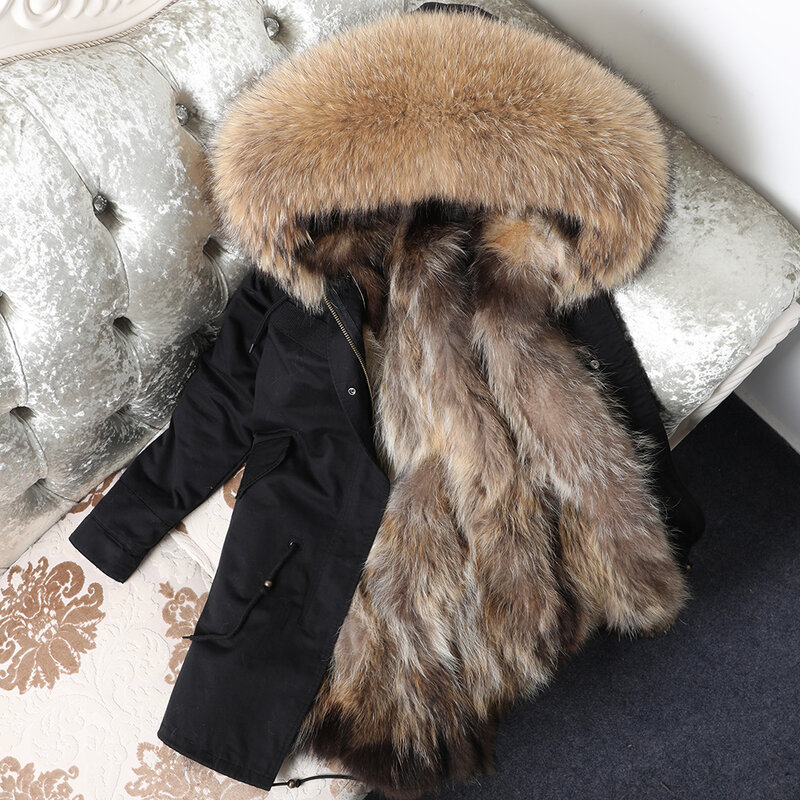 MMK Winter Real Fur Coat New Fashion Natural Raccoon Fur Collar Women's Clothes Detachable Raccoon Fur Lining Thicken Coat Mid-l