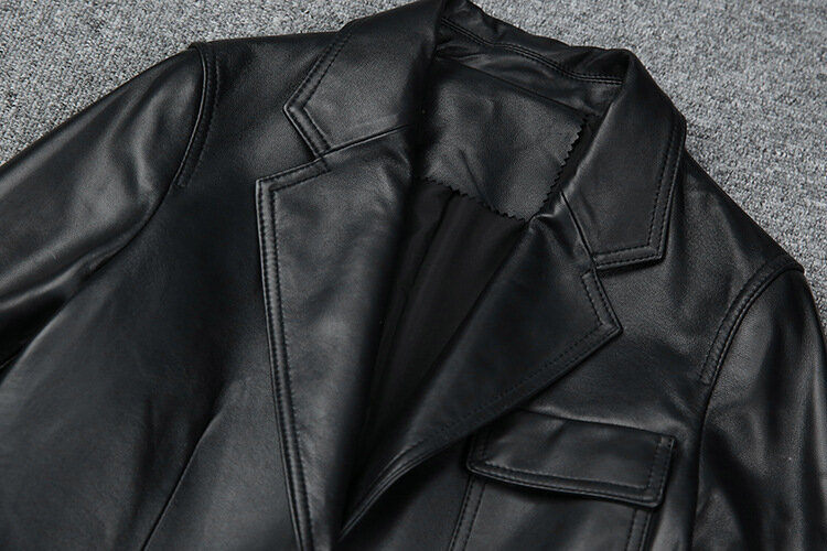 Factory New Arrival Women Black Slim Genuine Leather A button Suit Coat