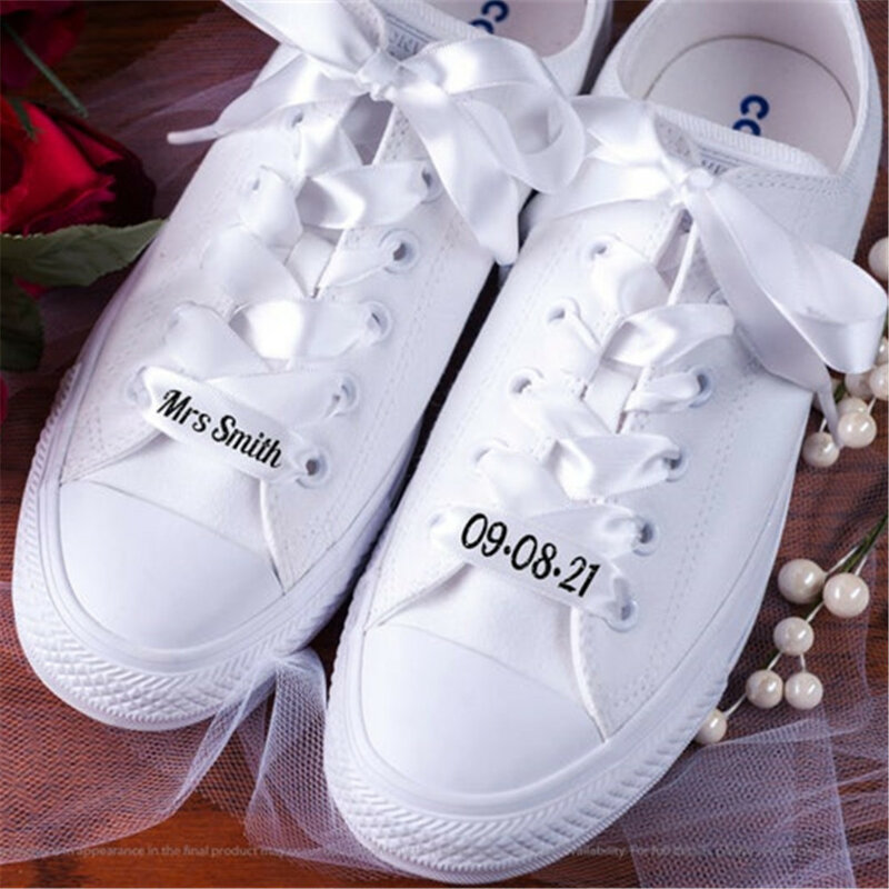 Cinta de satén con texto personalizado para boda, cordones planos de 2CM de ancho para zapatos, botas y zapatillas, 1 par