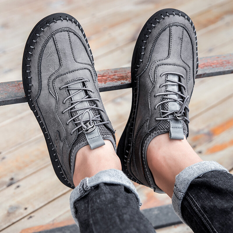 Tamanho grande sapatos de couro costurados à mão outono e inverno novo couro casual sapatos masculinos ervilhas sapatos ao ar livre resistente ao desgaste