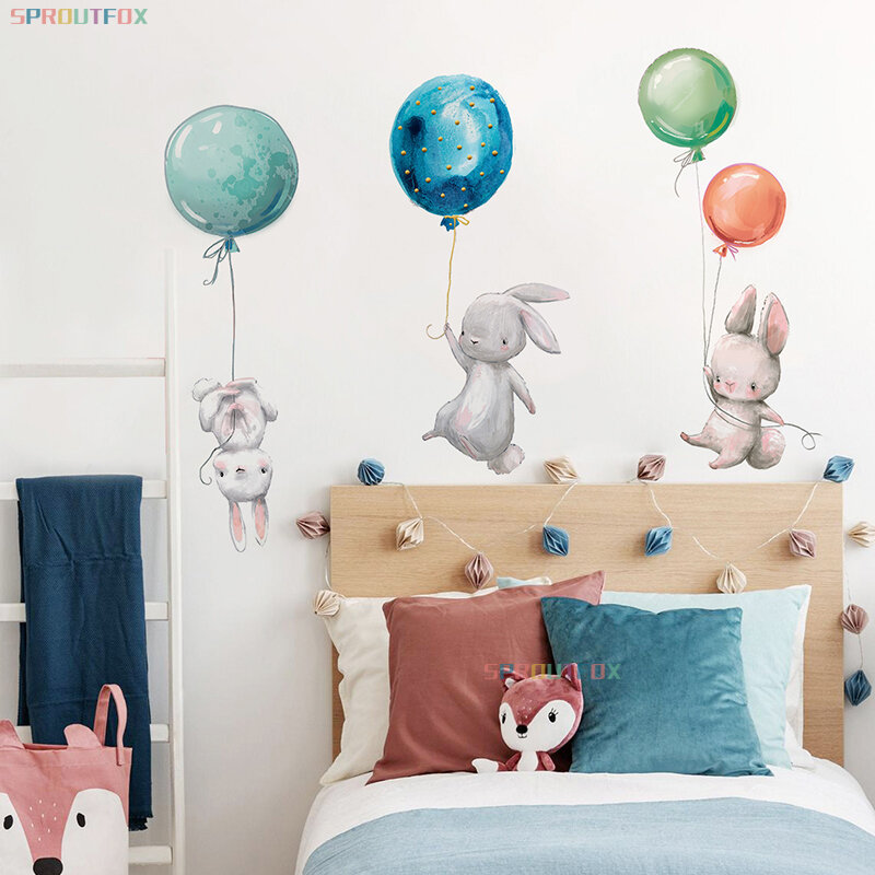 Pegatinas de pared de dibujos animados de animales para habitación de niños, pegatinas decorativas 3D de conejo y globos, vinilos de pared niños