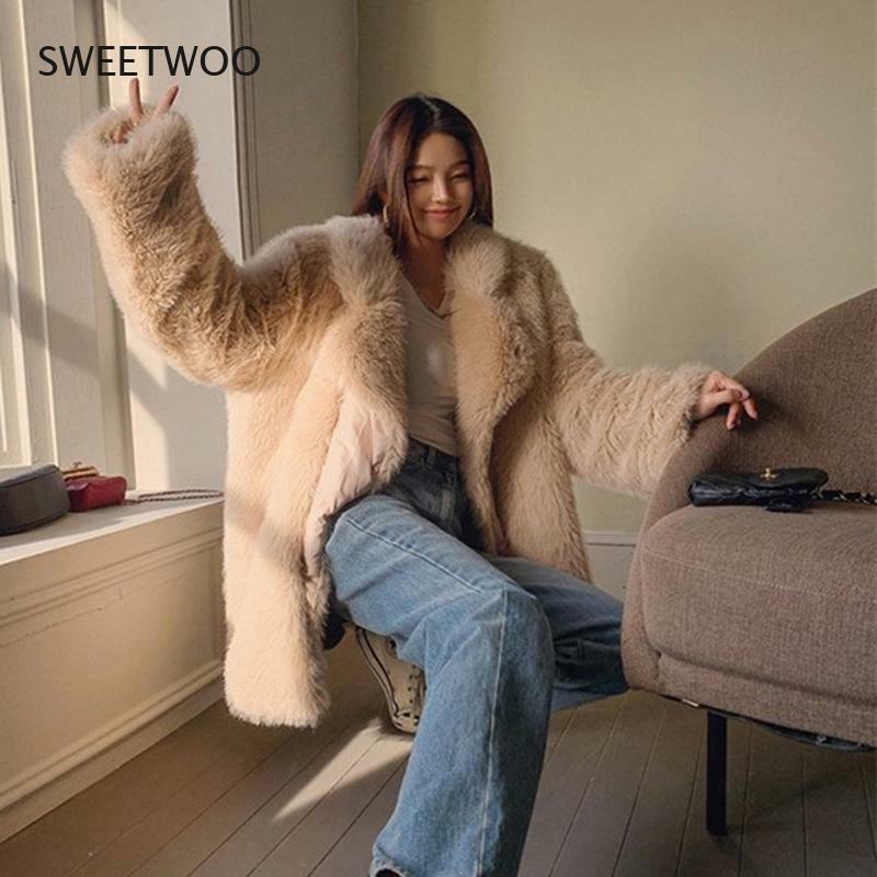 2021 novo outono inverno longo faux pele de raposa jaquetas feminino quente imitação de pele casacos senhoras solto lapela outwear sólido