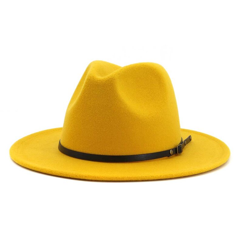 2020 New Yellow Purple Patchwork Wool Felt Jazz Fedora Hats with Belt Buckle Men Women Wide Brim Panama Cowboy Trilby Hat L/XL