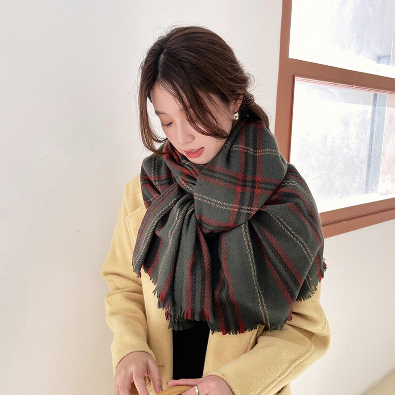Модный зимний женский шарф из искусственного кашемира с винтажным клетчатым принтом, теплый вязаный Повседневный студенческий женский толстый женский шарф