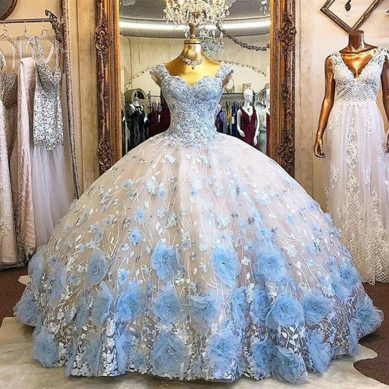 Sweet 16 Princess Quinceanera Dresses Sexy Off Shoulder 3D Lace Appliques Formal Pageant Ball Gown for Girls Custom Made Vestido