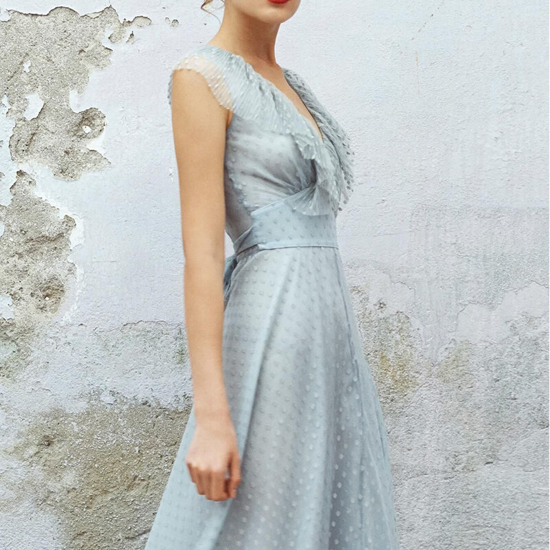 Super bajkowe Temperament uciekają przędzy netto długa spódnica dekolt szczupła francuska sukienka Retro potargane sukienka urodzinowa kobiety sukienka sukienka