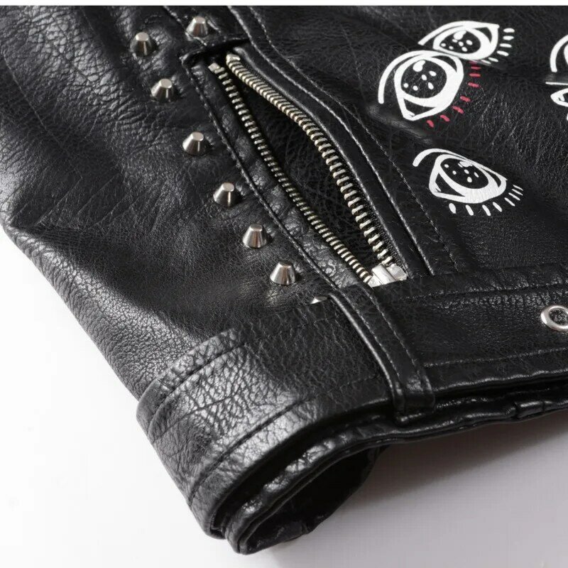 2023 Women Retrieve Winter Faux Soft Leather Jackets Lady White Black Pu Clinker Rits Epaulet 3D Print Motorcycle Streetwear