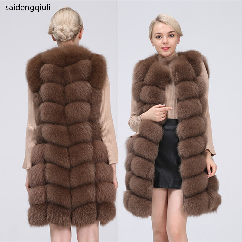 Colete de pele de raposa natural, casaco feminino natural para jaqueta, longo, pele real, colete para mulheres