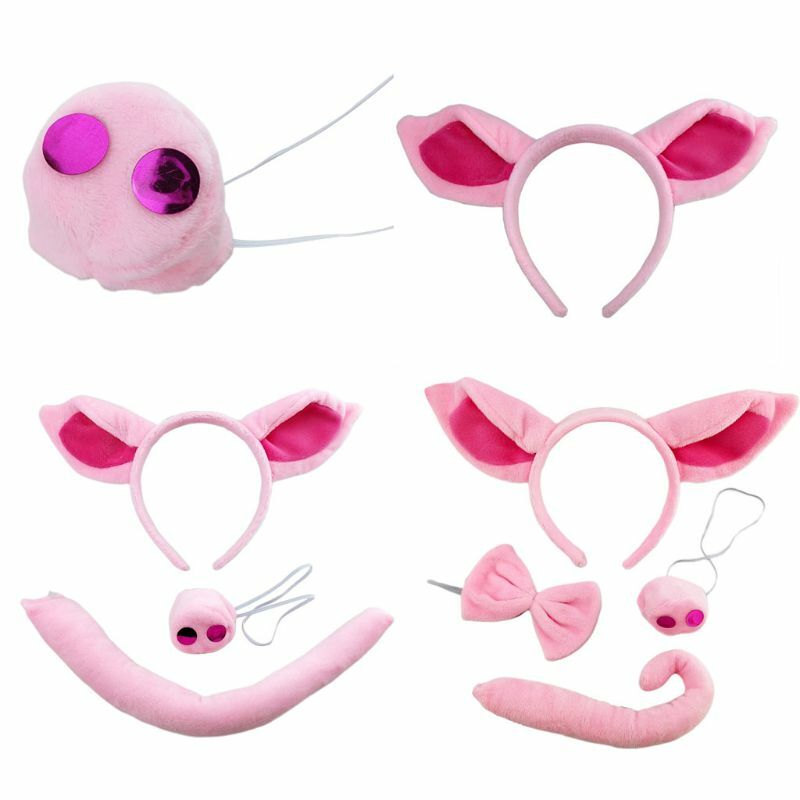 Super Lembut Babi Telinga Ikat Kepala Hidung Ekor Halloween Hewan Bulang Dress Up Aksesoris Merah Muda Babi Kepala Hoop Set Alat Peraga Cosplay