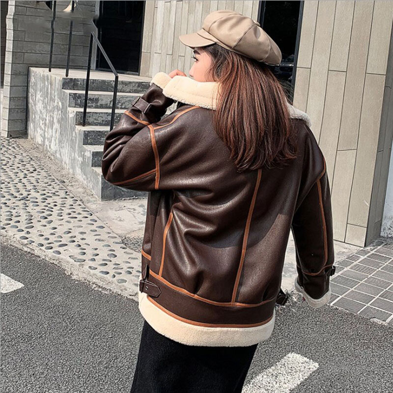 New Winter Women's Leather Jackets Style Thick Fur Coat Lambswool Warm Streetwear Leather Outerwear Motorcycle Clothing Female