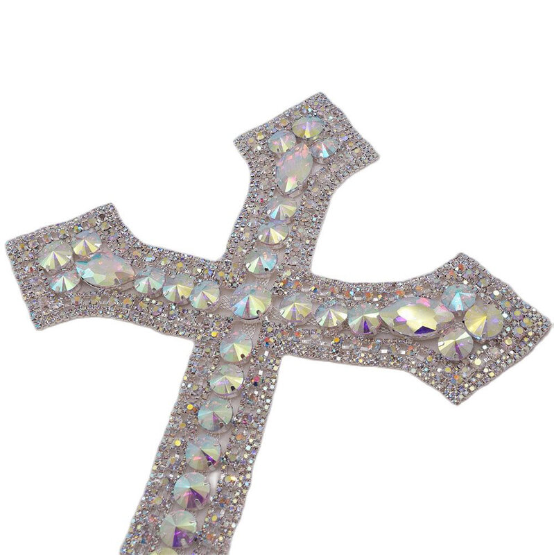 CUIER 12.5 "모조 다이아몬드가있는 거대한 크로스 패치 AB 유리 아플리케 크리스탈 바느질 액세서리 유리 보석 DIY Sew on Big size