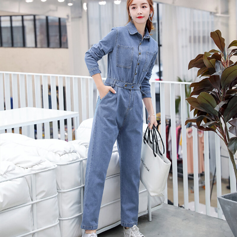 Spring Long Denim Jumpsuits Women Long Sleeve Buttons Pockets Casual Loose Playsuits Autumn Blue Wild  Plus Size Rompers Female