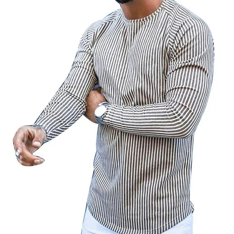 Men Casual T Shirts Long Sleeve Stripe Plaid Print Tops O neck Slim Tees Shirt Summer Mens Clothing Fashion Oversized Undershirt